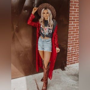 Southern Fried Chics - Red Sequin Kimono Duster / cardigan